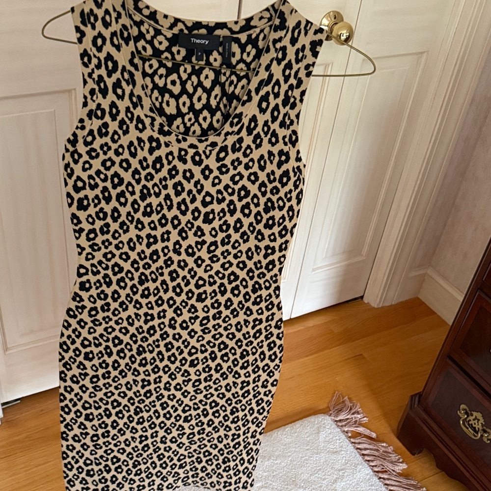 Theory Black and Cream Leopard Print Midi Dress